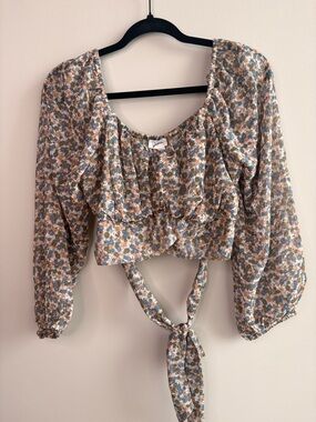 Japna Floral Tie Crop Top Size L -NWT Boho Puff Sleeve Blouse
